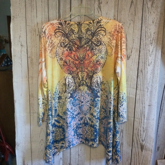 Reba Multicolor V-Neck Women's Longer Top Riveted Detail Casual Office Large - Picture 5 of 6